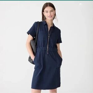J Crew Cinched Waist Chino Dress Zip Front Short Sleeve Navy Blue Size 6 - NEW